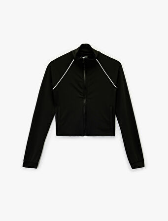 Dik Yaka Uzun Kollu Biyeli Fermuarlı Spor Sweatshirt