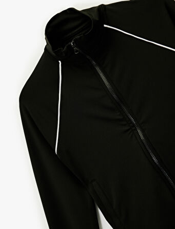 Dik Yaka Uzun Kollu Biyeli Fermuarlı Spor Sweatshirt