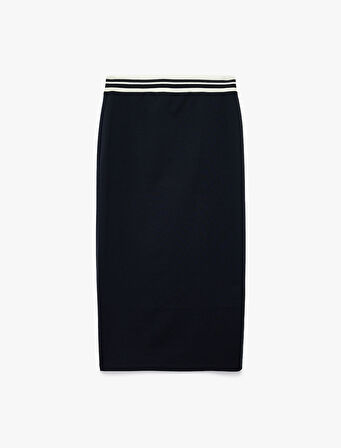 Beli Çizgili Lastik Detaylı Midi Slim Fit Kalem Etek