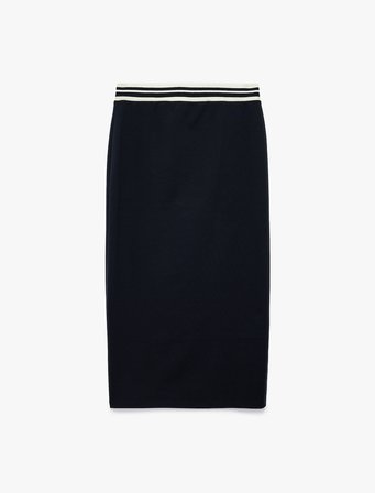 Beli Çizgili Lastik Detaylı Midi Slim Fit Kalem Etek