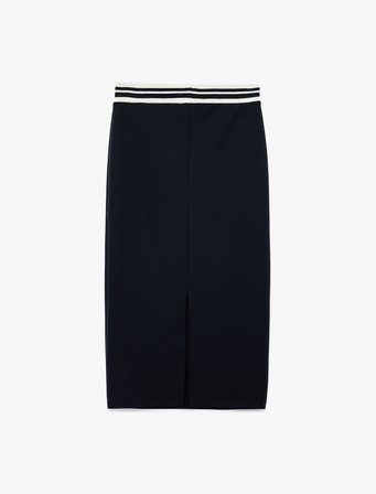 Beli Çizgili Lastik Detaylı Midi Slim Fit Kalem Etek