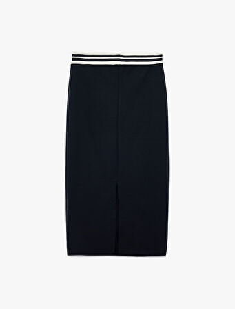 Beli Çizgili Lastik Detaylı Midi Slim Fit Kalem Etek