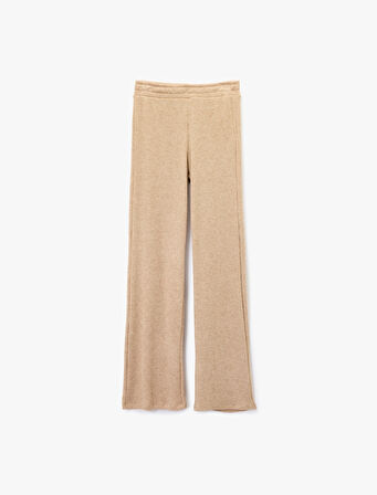 Beli Lastikli Düz Bol Paça Dokulu Pantolon