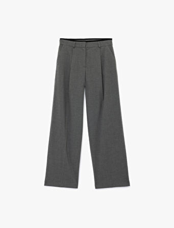 Pile Detaylı Cepli Geniş Paça Kumaş Pantolon