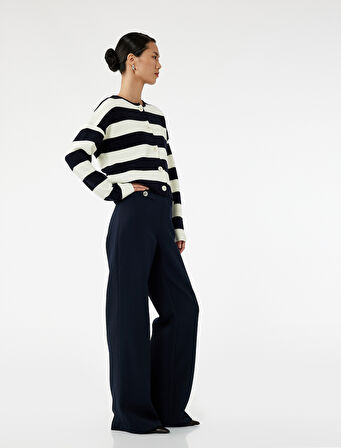 Yüksek Bel Düğmeli Cep Detaylı Geniş Paça Pantolon