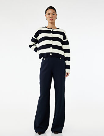 Yüksek Bel Düğmeli Cep Detaylı Geniş Paça Pantolon