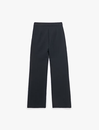 Yüksek Bel Düğmeli Cep Detaylı Geniş Paça Pantolon