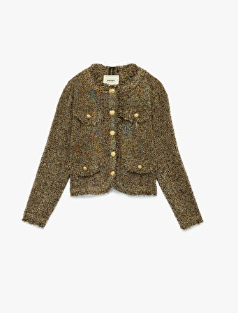 Uzun Kollu Bisiklet Yaka Düğmeli Cepli Tüvit Ceket