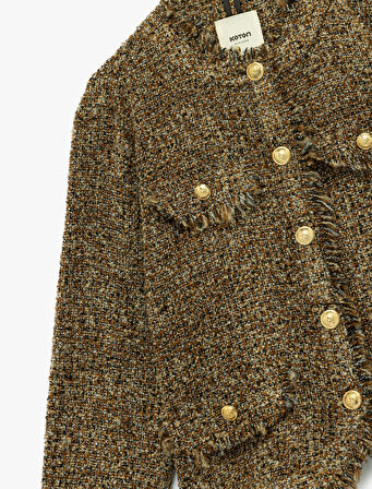 Uzun Kollu Bisiklet Yaka Düğmeli Cepli Tüvit Ceket