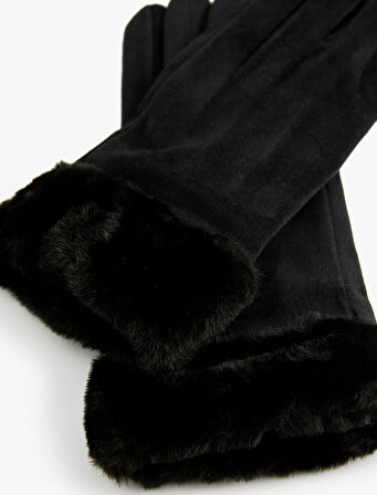 Suni Kürk Detaylı Süet Görünümlü Eldiven