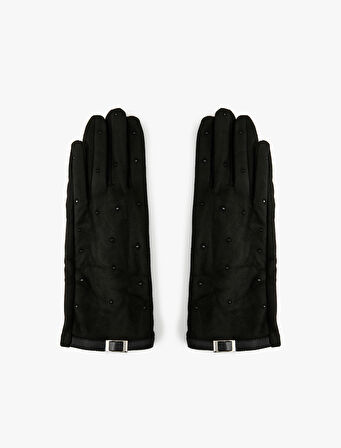 Kemer Detaylı Taşlı Süet Görünümlü Eldiven