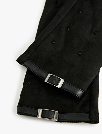 Kemer Detaylı Taşlı Süet Görünümlü Eldiven