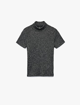 Slim Fit Kaşkorse Simli Balıkçı Yaka Kısa Kollu Tişört