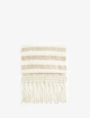 Çizgili Yumuşak Dokulu Püsküllü Uzun Atkı