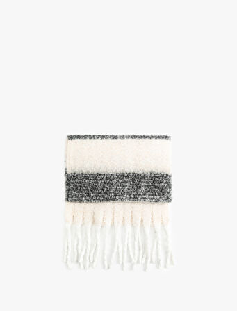 Yumuşak Dokulu Püsküllü Renk Bloklu Uzun Atkı