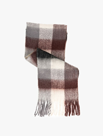 Yumuşak Dokulu Püsküllü Ekoseli Uzun Atkı