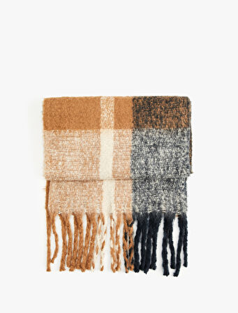 Yumuşak Dokulu Ekoseli Püsküllü Uzun Atkı