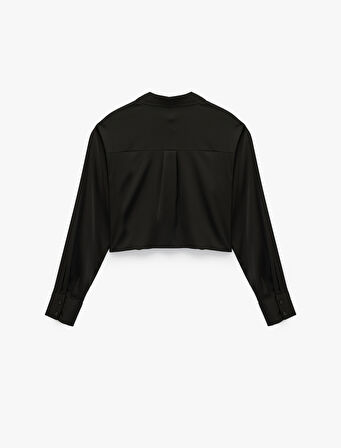 Uzun Kollu Klasik Yaka Crop Saten Gömlek