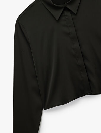 Uzun Kollu Klasik Yaka Crop Saten Gömlek