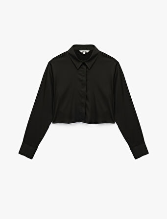 Uzun Kollu Klasik Yaka Crop Saten Gömlek