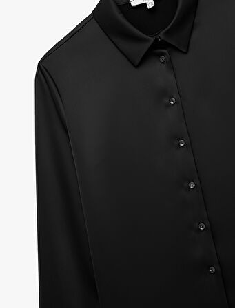 Klasik Yaka Uzun Kollu Düğmeli Saten Gömlek