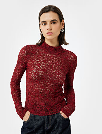 Slim Fit Uzun Kollu Dik Yaka Floral Dokulu Dantelli Bluz