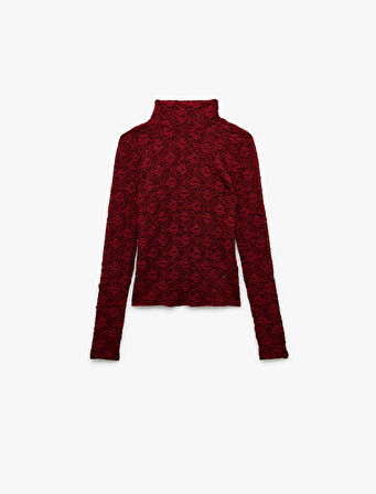 Slim Fit Uzun Kollu Dik Yaka Floral Dokulu Dantelli Bluz