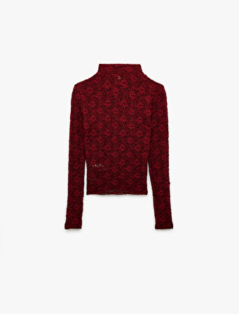 Slim Fit Uzun Kollu Dik Yaka Floral Dokulu Dantelli Bluz