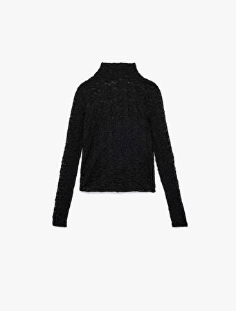 Slim Fit Uzun Kollu Dik Yaka Floral Dokulu Dantelli Bluz