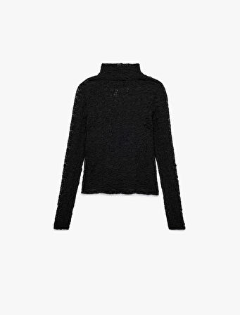 Slim Fit Uzun Kollu Dik Yaka Floral Dokulu Dantelli Bluz