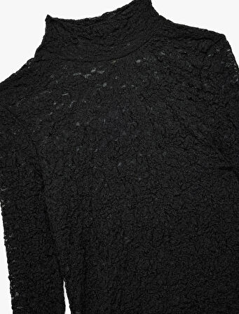 Slim Fit Uzun Kollu Dik Yaka Floral Dokulu Dantelli Bluz