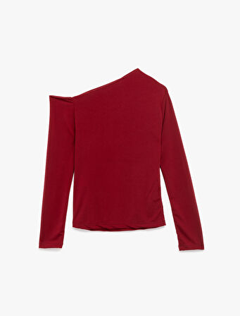 Slim Fit Drape Detaylı Uzun Kollu Asimetrik Tek Omuz Tişört