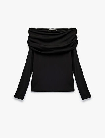 Slim Fit Uzun Kollu Drapeli Omzu Açık Tişört