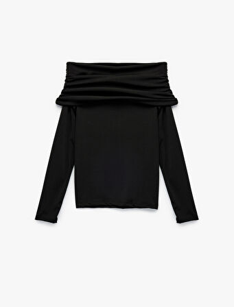 Slim Fit Uzun Kollu Drapeli Omzu Açık Tişört