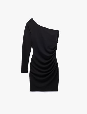 Krep Scuba Kumaş Drape Detaylı Uzun Kollu Tek Omuz Mini Elbise