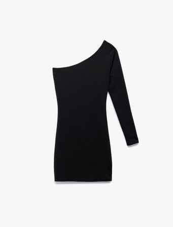 Krep Scuba Kumaş Drape Detaylı Uzun Kollu Tek Omuz Mini Elbise