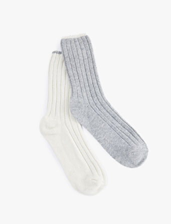 Koyun Yünü Karışımlı Çizgili 2'li Kalın Soket Çorap Seti