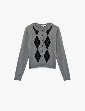 Düğmeli Uzun Kollu Bisiklet Yaka Baklava Desenli Triko Hırka