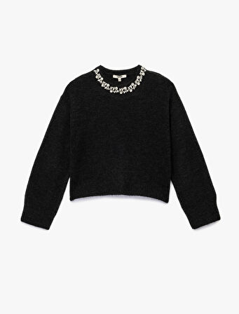 Uzun Kollu Bisiklet Yaka Taşlı Triko Kazak