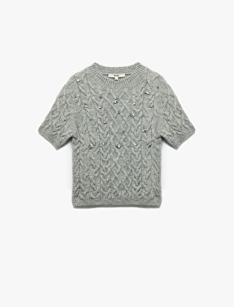 Regular Fit Kısa Kollu Bisiklet Yaka Taşlı Saç Örgü Kazak