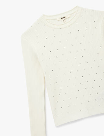 Uzun Kollu Bisiklet Yaka Taşlı Triko Kazak