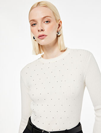 Uzun Kollu Bisiklet Yaka Taşlı Triko Kazak