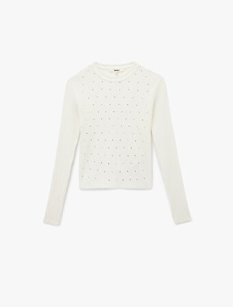 Uzun Kollu Bisiklet Yaka Taşlı Triko Kazak