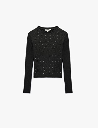 Uzun Kollu Bisiklet Yaka Taşlı Triko Kazak