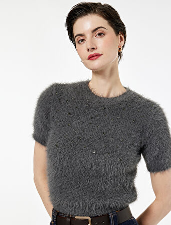 Kısa Kollu Bisiklet Yaka Taşlı Peluş Triko Kazak