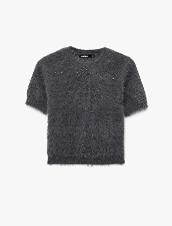 Kısa Kollu Bisiklet Yaka Taşlı Peluş Triko Kazak