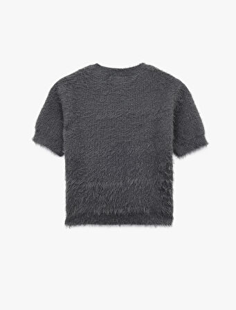 Kısa Kollu Bisiklet Yaka Taşlı Peluş Triko Kazak