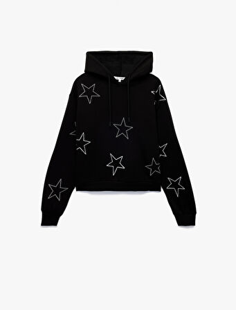 Şardonlu Uzun Kollu Kapüşonlu Oversize Taşlı Sweatshirt