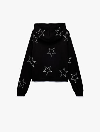 Şardonlu Uzun Kollu Kapüşonlu Oversize Taşlı Sweatshirt