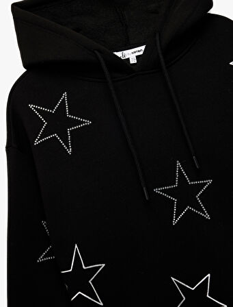 Şardonlu Uzun Kollu Kapüşonlu Oversize Taşlı Sweatshirt